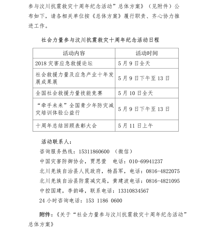 关于公布“社会力量参与汶川抗震救灾十周年纪念活动”方案的通知